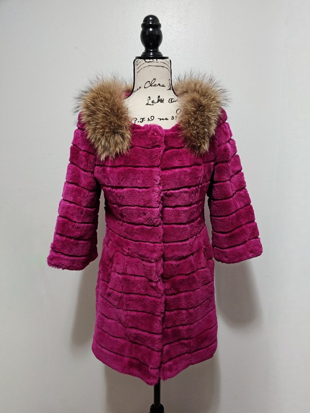 NewReal Rex Rabbit Lapin Fur Leather Puff Jacket Magenta Raccoon Striped No Fox